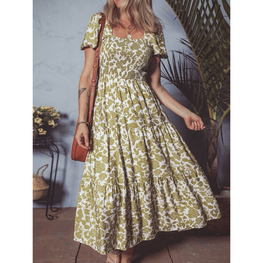 New Boho Floral Square Neck Smocked Bust Puff Sleeve Tiered Dress